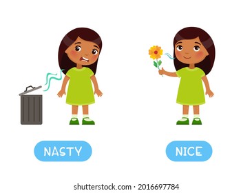 Awful and nice antonyms word card vector template, Opposites concept. Flashcard for English language learning. Little Indian girl does not like the bad smell from the trash can,  Dark skin child sniff