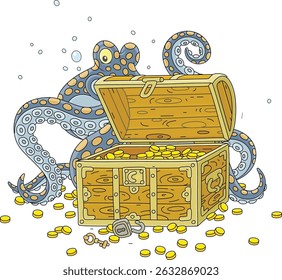 Polvo terrível guardando um velho baú do tesouro cheio de moedas de ouro em um fundo do mar depois de um naufrágio em uma tempestade terrível, ilustração de desenhos animados vetoriais isolados no branco