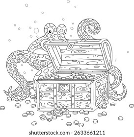 Awful octopus guarding an old treasure chest filled with gold coins on a sea bottom after a shipwreck in a terrible storm, black and white outline vector cartoon illustration for a coloring book