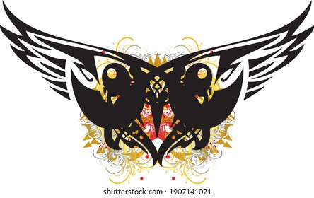 Awful owl head symbol floral splashes. Grunge scary closeup owl symbol on a white background for tattoos, carnival mask, prints on T-shirts, textiles, wallpaper, etc.
