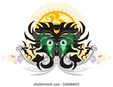 Awful tribal black spider with huge eyes and sun