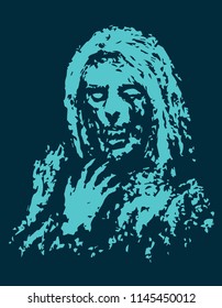 Awful witch with bony hand. Vector illustration. Scary monster character.