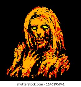 Awful witch with bony hand. Vector illustration. Genre of horror.