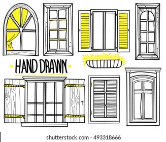 aWindow. A set of drawings by hand. shuttered windows, open windows, modern and antique windows. drawing in vintage style.