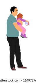 Awkward Clumsy Father With Baby In Hand Vector Illustration. Gawky Unhandy Young Parent With Child. Irresponsible Confused Man With Toddler. Imprudent Unthinking Father Carrying Baby That Spills Milk.