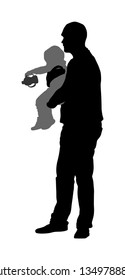 Awkward Clumsy Father With Baby In Hand Vector Silhouette. Little Baby Spill Milk Pacifier. Happy Fathers Day. Single Parent Take Care About Child. Divorced Man With Kid. Family Values Closeness, Love