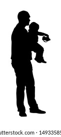 Awkward Clumsy Father With Baby In Hand Vector Silhouette. Little Baby Spill Milk Pacifier. Happy Fathers Day. Single Parent Take Care About Child. Divorced Man With Kid. Family Values Closeness, Love