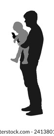 Awkward clumsy father with baby in hand watching in phone vector silhouette illustration isolated. Dad carry sleeping baby and smart phone in other hand.