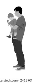 Awkward clumsy father with baby in hand watching in phone vector illustration. Gawky unhandy young parent with child. Irresponsible confused man with toddler. Imprudent unthinking father carrying kid.