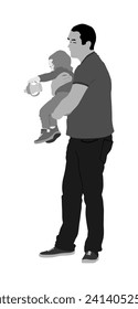 Awkward clumsy father with baby in hand vector illustration. Gawky unhandy young parent with child. Irresponsible confused man with toddler. Imprudent unthinking father carrying baby that spills milk.