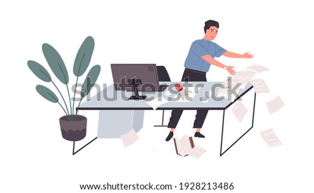 Awkward employee standing at office desk with papers falling down on floor. Concept of chaos and mess at work. Colored flat cartoon vector illustration of tired and clumsy worker isolated on white Foto d'archivio © 