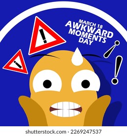 Awkward looking face with exclamation mark symbol and bold text on dark blue background to celebrate Awkward Moments Day on March 18