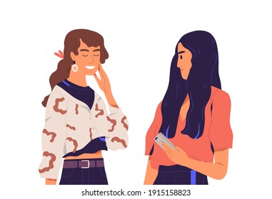 Awkward Moment Between Two Chatting People During Conversation. Different Reactions And Face Expressions Laughing And Discontent Women. Colored Flat Vector Illustration Isolated On White Background