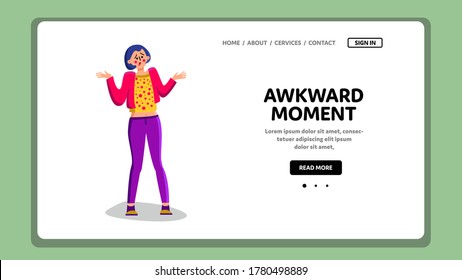 Awkward Moment Confused Shrug Young Woman Vector. Shrugging Shoulders Girl At Awkward Moment. Character Confusion Pensive Unsure Lady, Gesture And Reaction Web Flat Cartoon Illustration