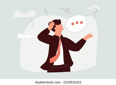 Awkward Moment, Embarrassment Conversation, Nervous And Clueless At Work, Dull Moment Or Cannot Answer Question Concept, Awkward Confused And Shrug Businessman With Helpless Speech Bubble. Business