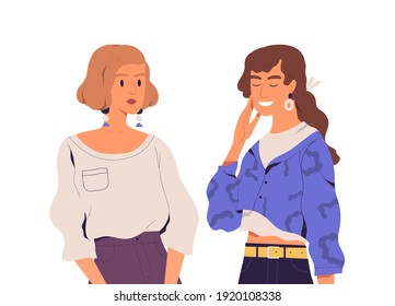 Awkward moment and misunderstanding between two chatting people with different reactions happy laughing woman, and serious and embarrassed one. Flat vector illustration isolated on white background