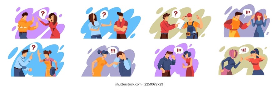 Awkward people. Woman and man disputing. Argument concept. Characters communication. Persons relationship. Conversation conflict. Furious discussions set. Vector isolated illustrations