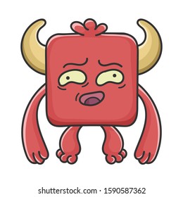 Awkward red square Devil cartoon monster isolated on white