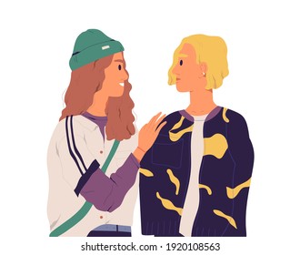 Awkward situation and misunderstanding between two chatting people with different reactions and face expressions. Moment of awkwardness. Colored flat vector illustration isolated on white background