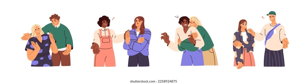 Awkward unwanted hugs, inappropriate unwelcome touch, unrequited love concept. Embarrassed people with negative emotion on unpleasant flirt. Flat vector illustrations isolated on white background svg
