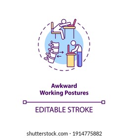 Awkward working postures concept icon. Ergonomic stressor idea thin line illustration. Performing work activities. Increasing muscle force. Vector isolated outline RGB color drawing. Editable stroke