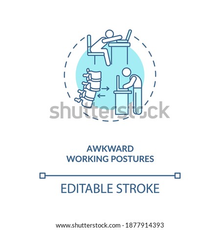 Awkward working postures concept icon. Ergonomic stressor idea thin line illustration. Bent, extended and flexed body positions. Vector isolated outline RGB color drawing. Editable stroke