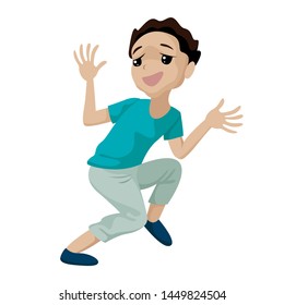 Awkwardly dancing, running away or being late, being afraid of something, joking or nervous. Man scared. Vector character on white background. Cartoon flat illustration