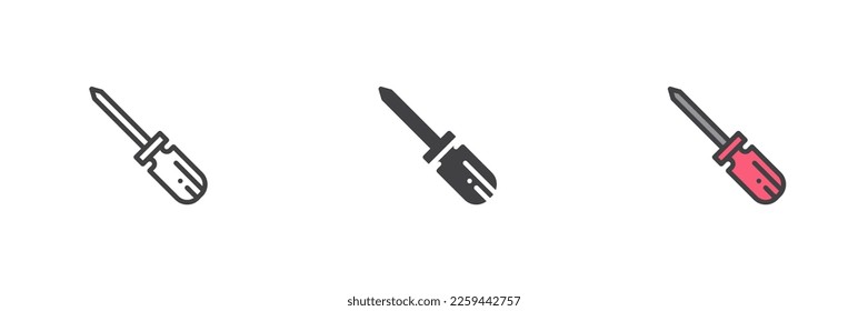 Herramienta Awl conjunto de iconos de estilos diferentes. Línea, glifo y contorno relleno versión colorida, contorno y signo vectorial relleno. Símbolo, ilustración del logotipo. Gráficos vectoriales