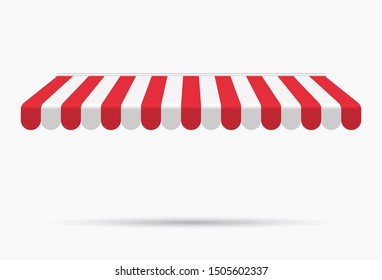 Awning canopy for shops, cafes and street restaurants. Striped red and white sunshade. Vector illustration. Outside canopy from the sun.
