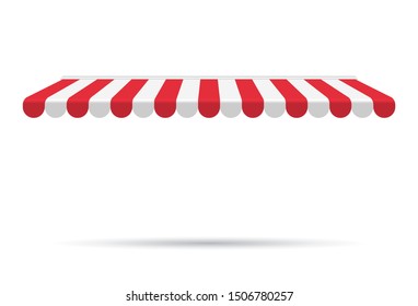 Awning canopy for shops, cafes and street restaurants. Striped red and white sunshade. Vector illustration. Outside canopy from the sun.