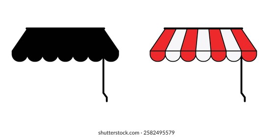 Awning, canopy sign. market shop, summer tools. Striped canopy shop. Shop, home or cafe sun protection. Red and white stripes. Outdoor sunshades. Store sunshade, storefront. Tent roof