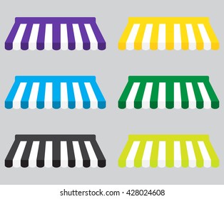 Awning color striped set for store element design. Set of canopy and tent. Window awning and shop awning, vector illustration
