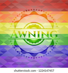 Awning emblem on mosaic background with the colors of the LGBT flag