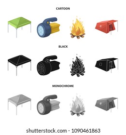Awning, fire and other tourist equipment.Tent set collection icons in cartoon,black,monochrome style vector symbol stock illustration web.