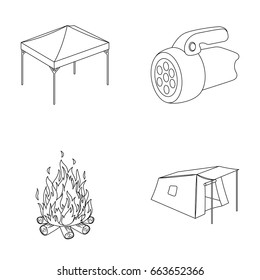 Awning, fire and other tourist equipment.Tent set collection icons in outline style vector symbol stock illustration web.