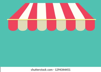 Awning isolated on blue background. Striped red and white sunshade for shops, cafes and street restaurants. Outside canopy from the sun. Vector illustration.