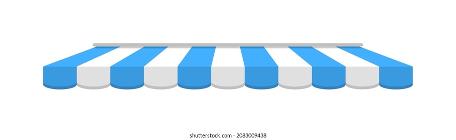 Awning on cafe. Tent of shop. Roof of marketplace. Blue-white stripe canopy for store or market. Striped sunshade for restaurant, circus and marquee. Parasol on white background. Vector.