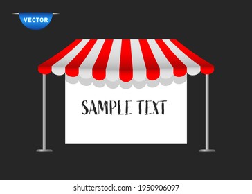 Awning, shop. Striped canopy, umbrella. Signboard, indent for text. Vector overlay objects, isolated background.