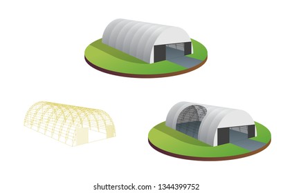 Awning tarpaulin tent temporary warehouse exhibition tunnel hall aircraft hangar. Barn construction building wireframe. Clear cut frame. Vector isometric 3d illustration