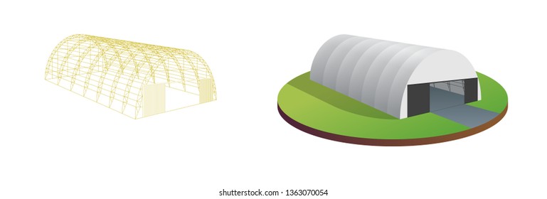 Awning tarpaulin tent temporary warehouse exhibition tunnel hall aircraft hangar. Barn construction building wireframe. Clear cut frame. Vector isometric 3d illustration