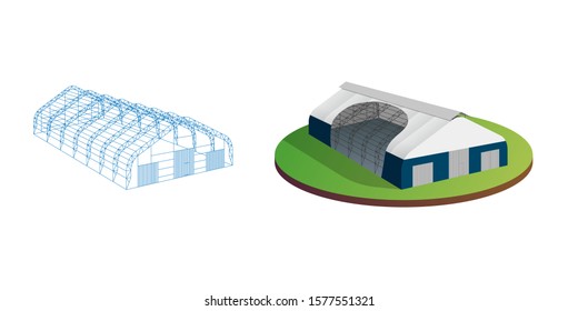 Awning tarpaulin tent temporary warehouse exhibition tunnel hall aircraft hangar. Barn construction building wireframe. Clear cut frame. Vector isometric 3d garage illustration