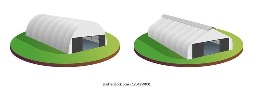 Awning tarpaulin tent temporary warehouse exhibition tunnel hall aircraft hangar set. Barn construction factory building wireframe. Storehouse vector 3d illustration. Isometric storage building