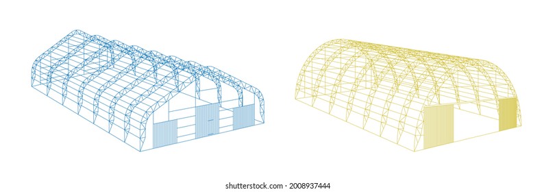 Awning tarpaulin tent temporary warehouse exhibition tunnel hall aircraft hangar project set  Barn construction building wireframe carcass structure  Clear cut frame  Vector eps isometric illustration