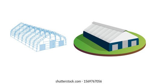 Awning tarpaulin tent temporary wireframe exhibition tunnel hall aircraft hangar. Barn construction building industrial warehouse carcass. Vector isometric 3d illustration