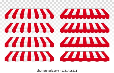 Awning tent with red and white stripes for cafe, shop or store roof canopy or sunshade edges. Vector isolated set on transparent background