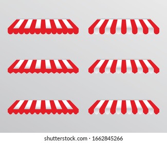 Awning tent with red and white stripes for cafe, shop or store roof canopy or sunshade edges. Vector isolated set on transparent background