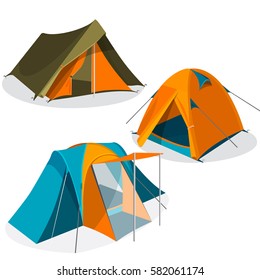 Awning tents isolated on white background. Realistic vector illustration of tourist camping tents icons collection. Hiking pavilions of triangle and dome design in green, blue, yellow colors.