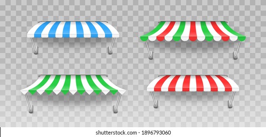 Awning umbrella for the market, striped summer scallop for shop vector illustration. Sunshade for restaurant. Outdoor striped awning canopy for cafe and shop window of different forms. Eps 10.