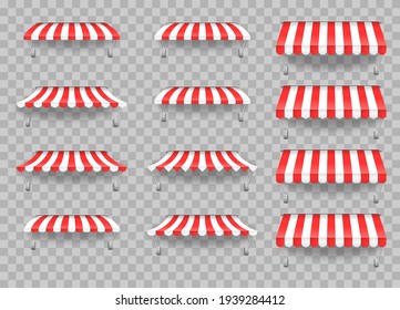 Awning umbrella for the market, striped summer scallop for shop vector illustration. Outdoor striped awning canopy for cafe and shop window of different forms. Sunshade for restaurant. Eps 10.