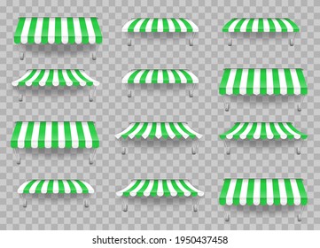 Awning umbrella for the market, striped summer scallop for shop vector illustration. Sunshade for restaurant. Outdoor striped awning canopy for cafe and shop window of different forms. Eps 10.